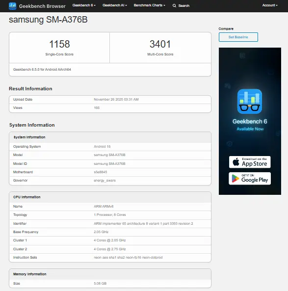 Samsung Galaxy A37 5G Geekbanch Score