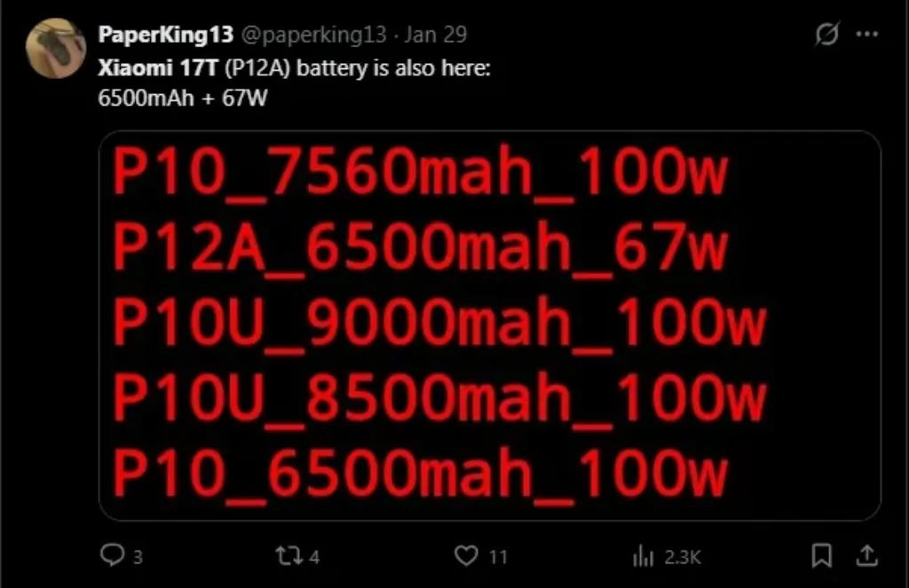 Xiaomi Mi 17T Key Specification leak