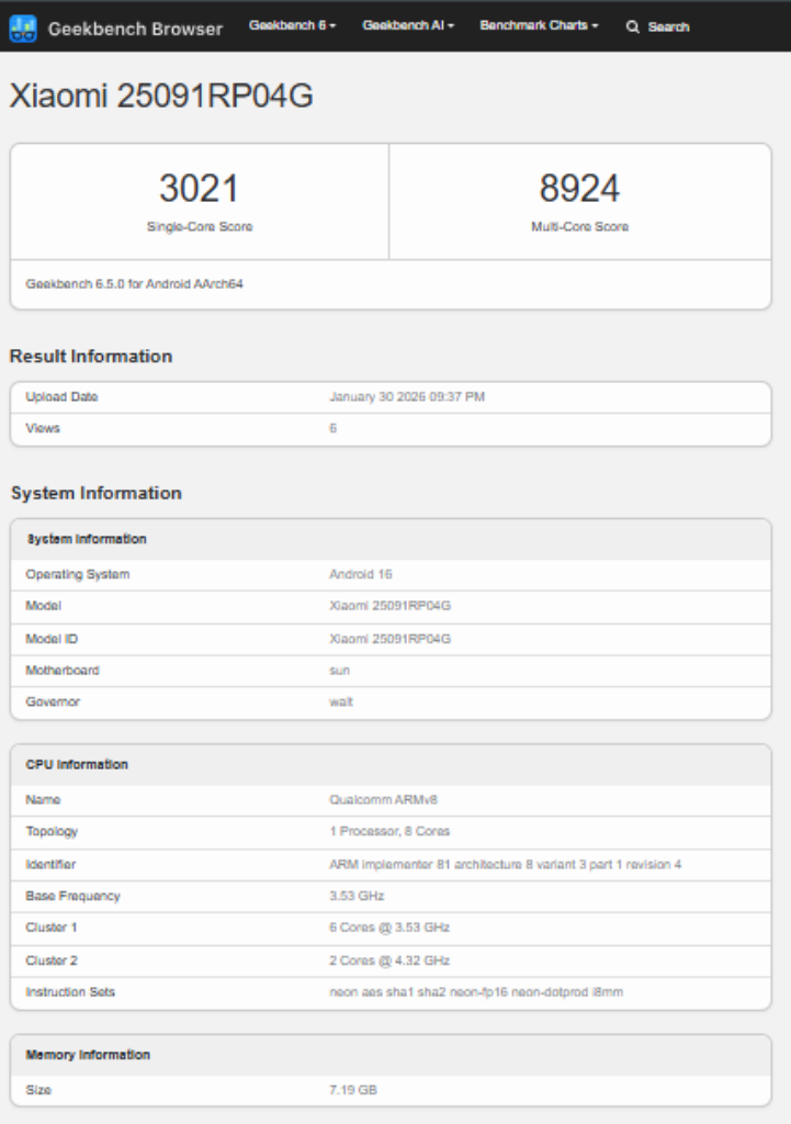 Xiaomi Pad 8 Pro Geekbench CPU Score