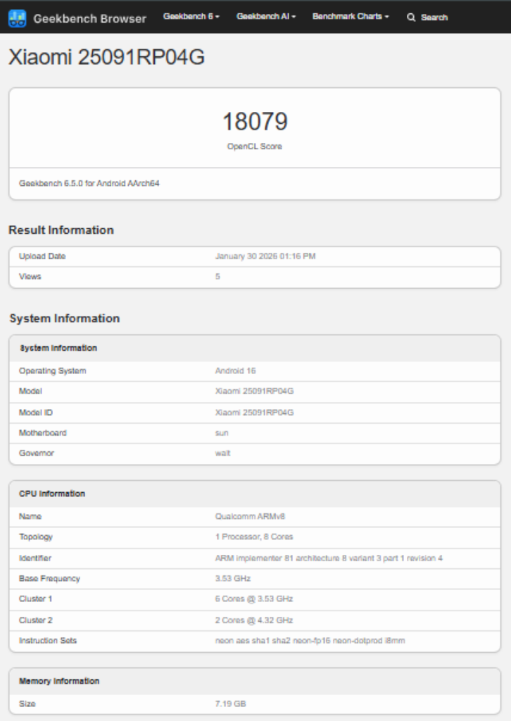 Xiaomi Pad 8 Pro Geekbench GPU