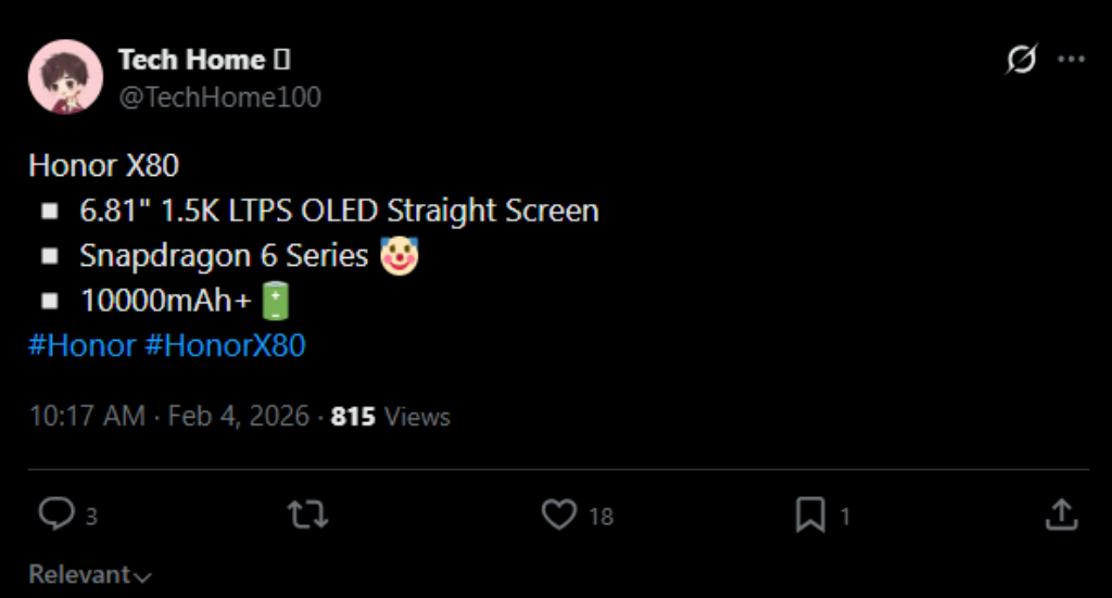 Honor X80 Feature Leak via twitter