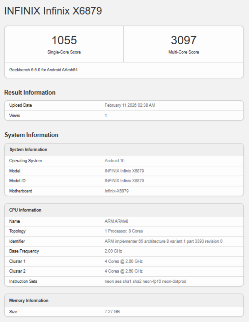 Infinix Note 60 exposed by Geekbench