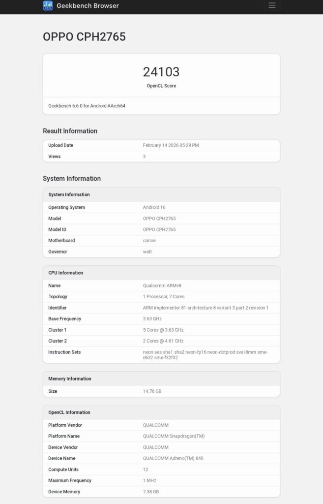 OPPO Find N6 GPU OpenCL score of 24,103