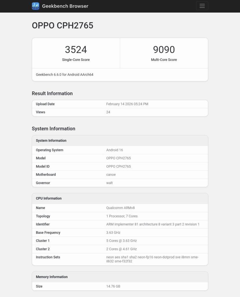 OPPO Find N6 Geekbench listing