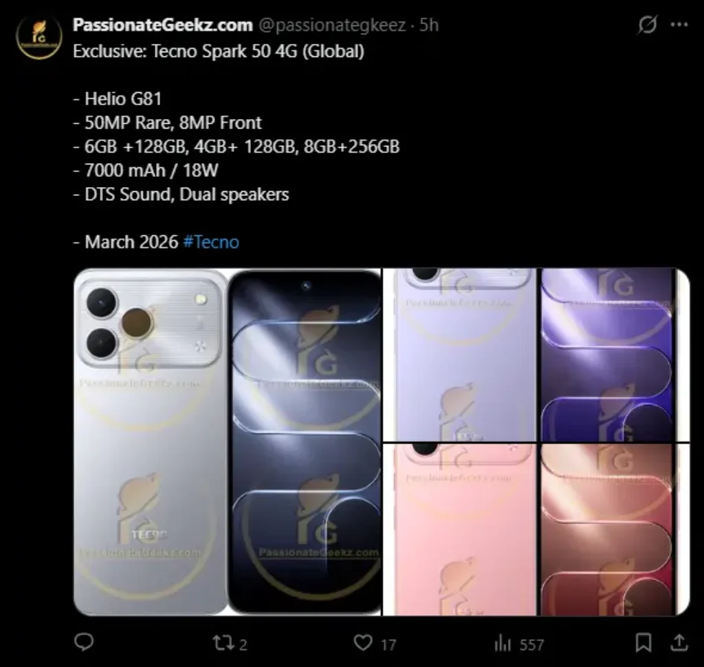 Tecno Spark 50 4G Leaks rumored
