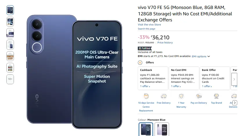 Vivo V70 FE 5G offer on Amazon