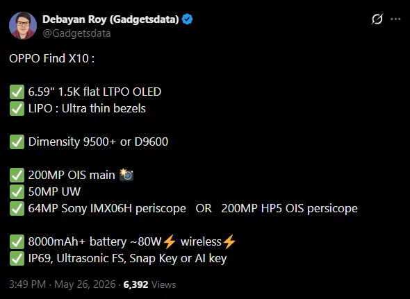 Oppo Find X10 Leak Reveals 8,000mAh Battery and Huge Price Hike in India 2 Oppo Find X10 Leaked Specs on twitter