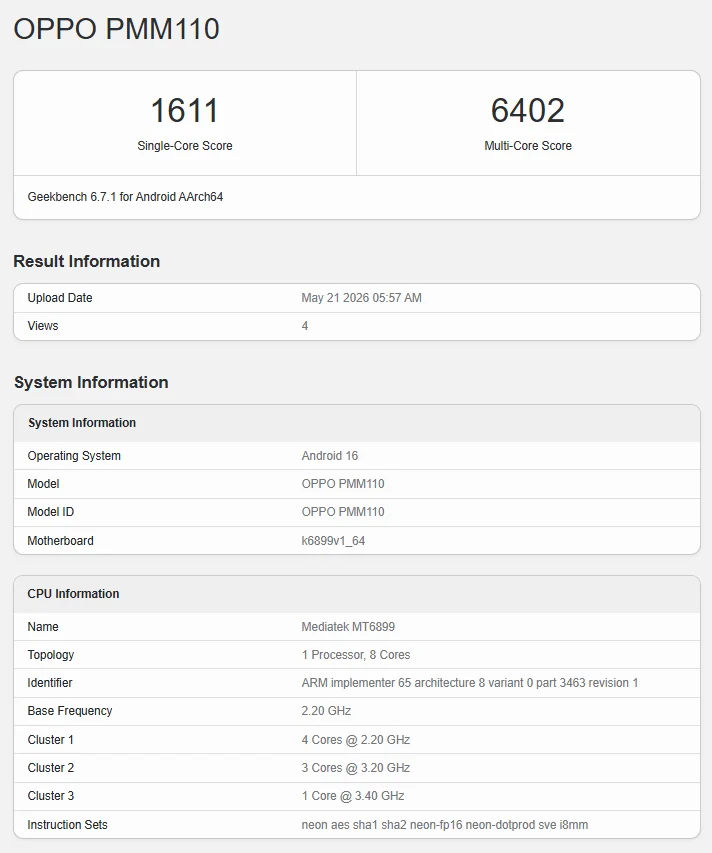 Oppo Reno 16 Geekbench Scores Revealed Ahead of India Launch 2 Oppo Reno 16 Geekbench listing
