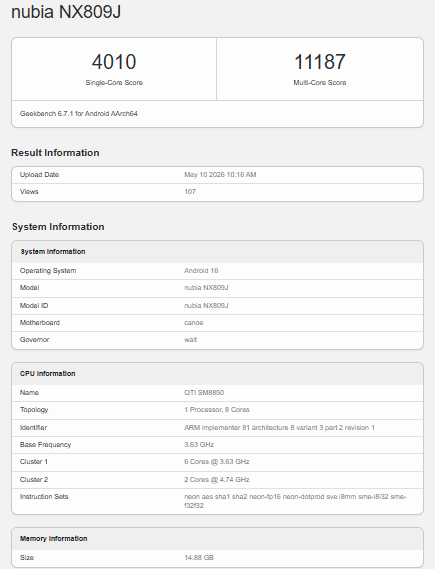 REDMAGIC 11S Pro+ Geekbench 6 Score 