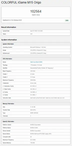 COLORFUL iGame M15 Origo Leak Geekbench