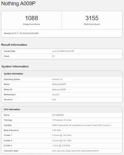 Nothing Phone 4b Geekbench listing