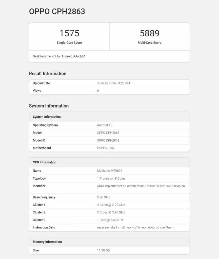 OPPO Reno 16 Pro Geekbench, Scores