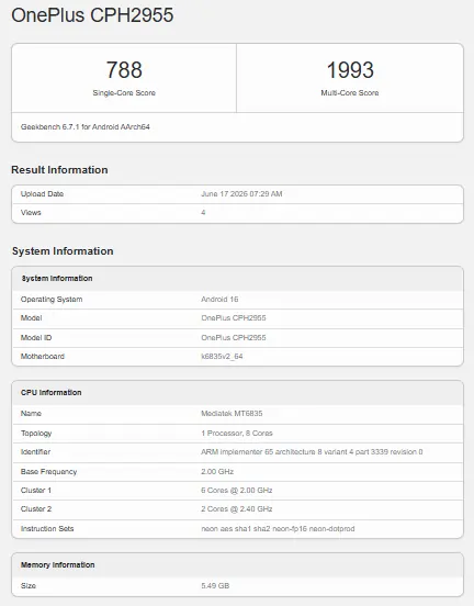OnePlus N6 Geekbench Listing