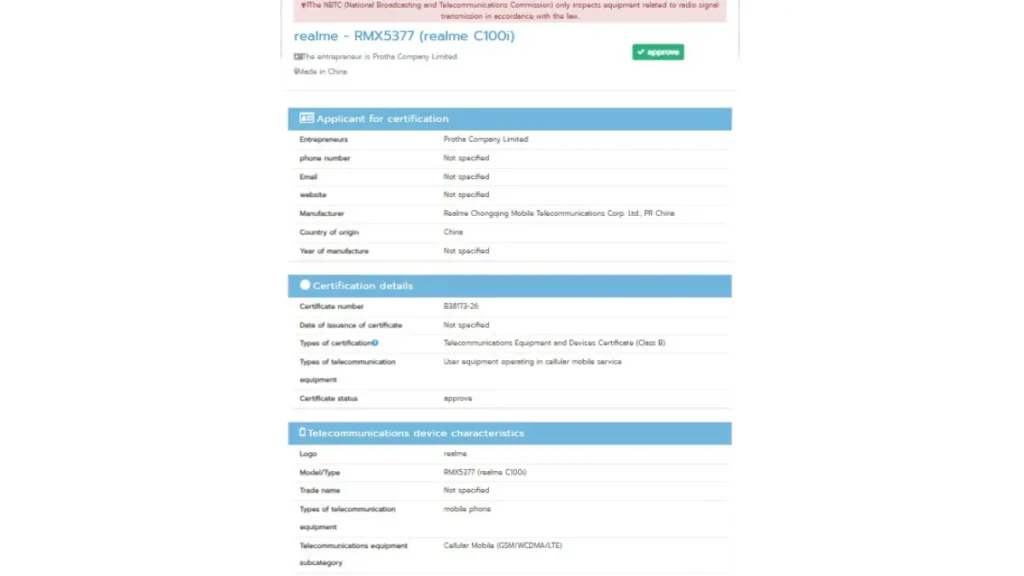 Realme C100i leak NBTC certification