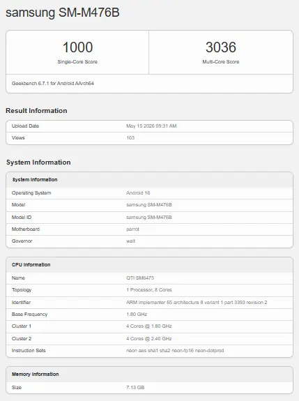 Samsung Galaxy M47 5G leak Geekbench listing