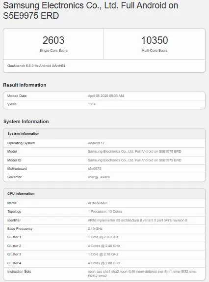 Samsung Galaxy S27 Geekbench Listing