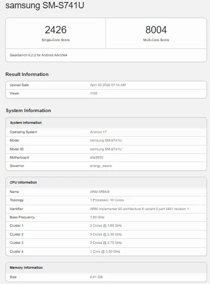 Samsung Galaxy S27 Ultra Geekbench Listing