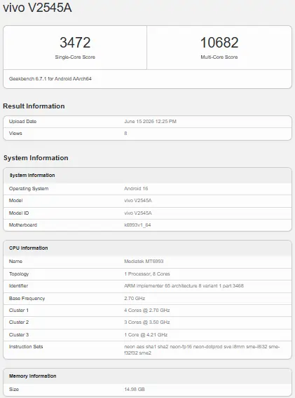 iQOO Neo 11S Geekbench listing