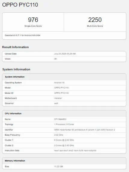 OPPO A7 Pro Max 5G Geekbench