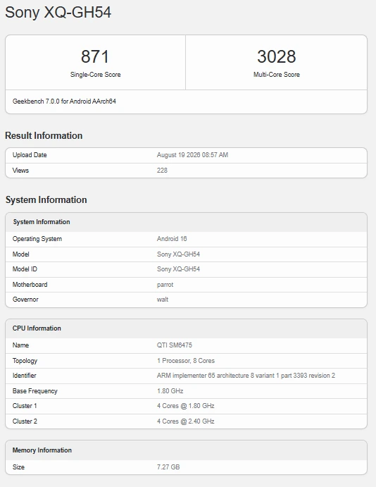 Sony Xperia 10 VIII Geekbench listing and Snapdragon 6 Gen 3 chip