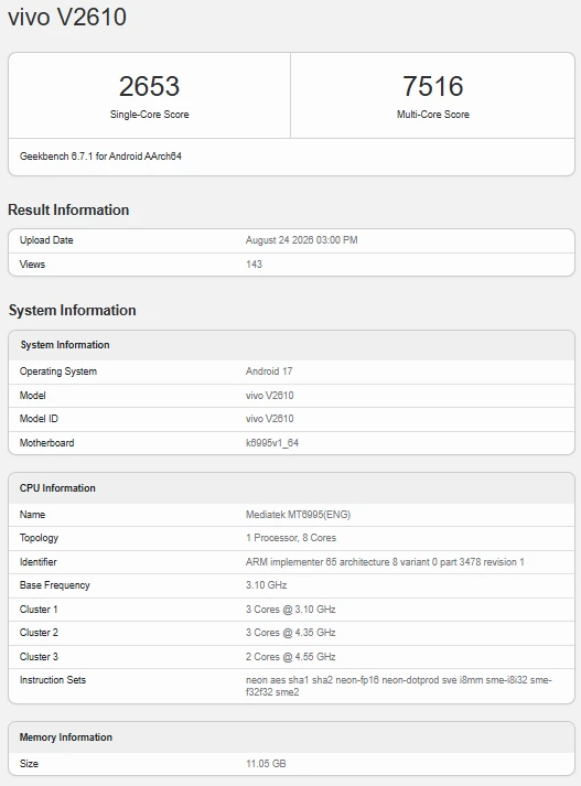 Vivo X500 Pro Max Geekbench Leak