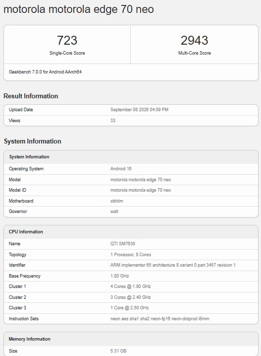 Motorola Edge 70 Neo Geekbench Listing Reveals Snapdragon 7s Gen 3 and Android 16 2 Motorola Edge 70 Neo Geekbench Listing