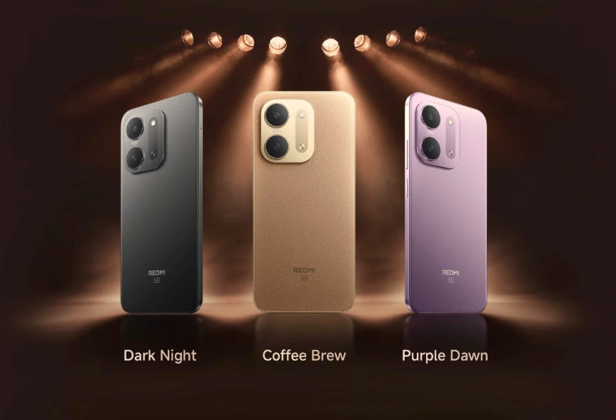 REDMI 17C 5G colors: Dark Night, Coffee Brew, and Purple Dawn.