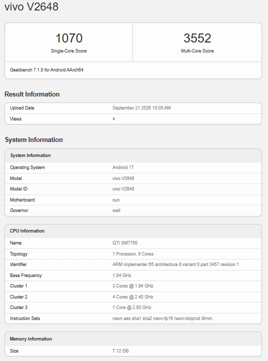 Vivo V80 Geekbench Listing Reveals Snapdragon 7 Gen 4 and 7,200 mAh battery 2 Vivo V80 Geekbench Snapdragon 7 Gen 4 chip